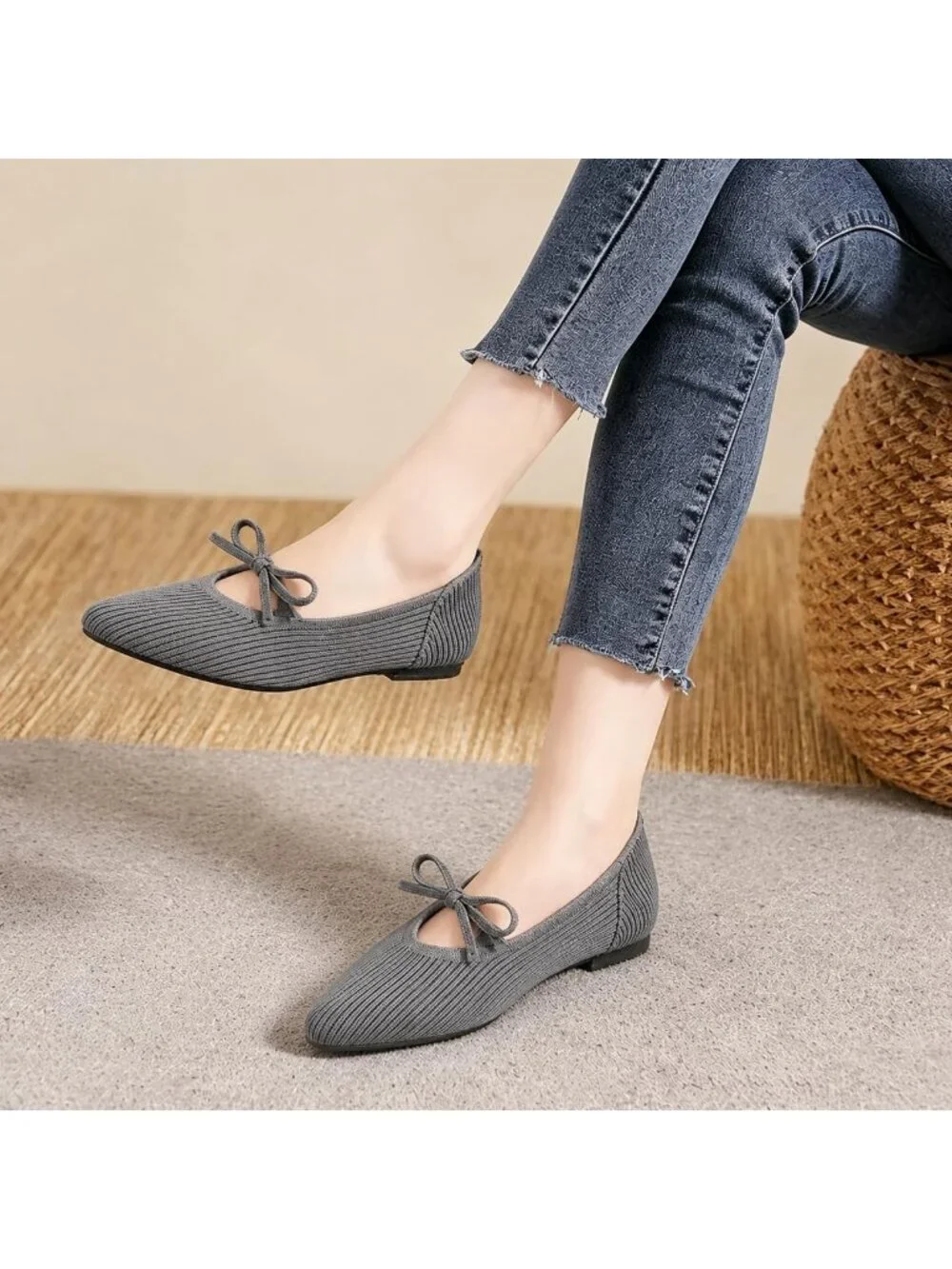 Women's Grey Pointed Toe Knit Ballet Flats Comfortable Pull On Casual Shoes
